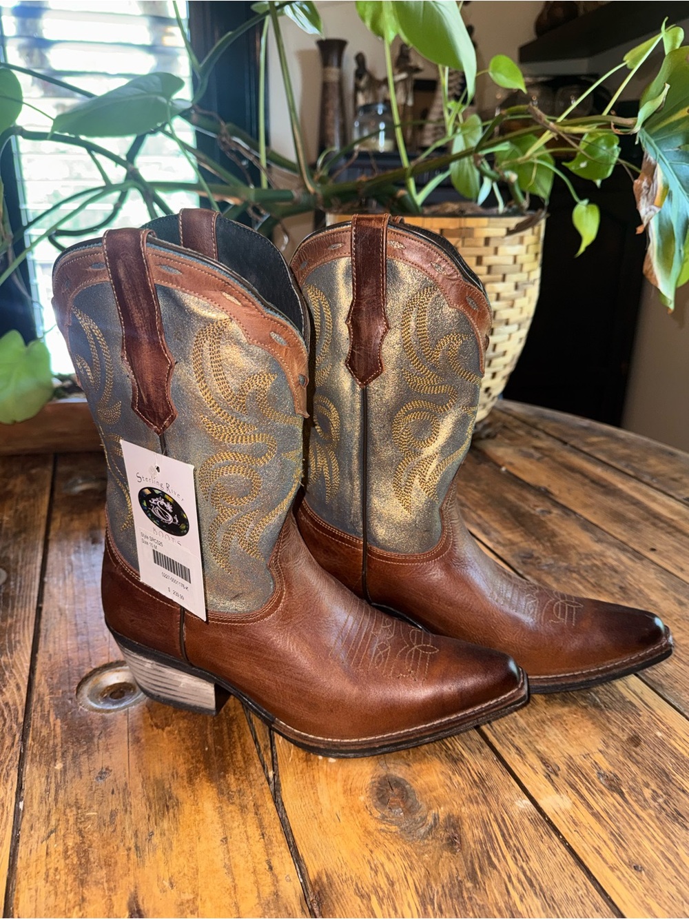 Western Leather Cowboy Boots in Brown with Blue Embroidered Shaft